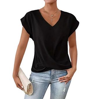 Women's Casual Top Short Sleeve Twist Knot Shirts Slim Fit V Neck T Shirt Tops