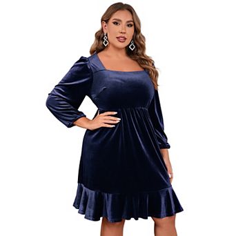 Women's Plus Size Velvet Dress Long Puff Sleeve Square Neck High Waist Ruffle Hem A Line Dress