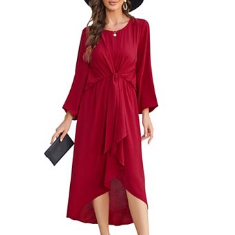Women's Round Neck Bell Sleeve Midi Dress with Twist Front Waist, High-Low Hem Flowy Dress