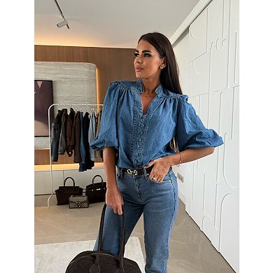 Women’s Puff Sleeve Denim Blouse V Neck Button Down Vintage Shirt