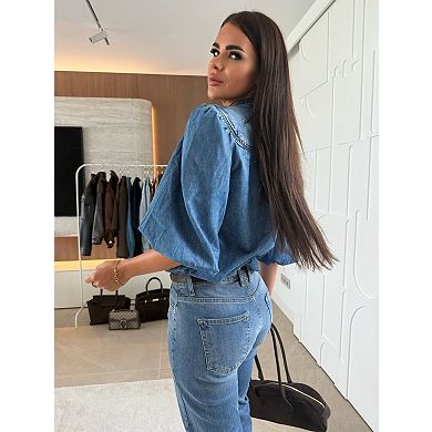 Women’s Puff Sleeve Denim Blouse V Neck Button Down Vintage Shirt