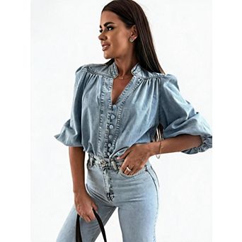 Women’s Puff Sleeve Denim Blouse V Neck Button Down Vintage Shirt