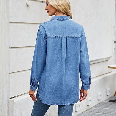 Women’s Long Sleeve Denim Shirt with Adjustable Roll Tab Cuffs Soft Lightweight Layering Blouse