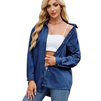 Women’s Long Sleeve Denim Shirt with Adjustable Roll Tab Cuffs Soft Lightweight Layering Blouse