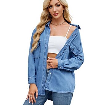 Women’s Long Sleeve Denim Shirt with Adjustable Roll Tab Cuffs Soft Lightweight Layering Blouse