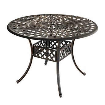 Outdoor Round Cast Aluminum Dining Table with 2.24'' Umbrella Hole, Black with Gold-Painted Edges