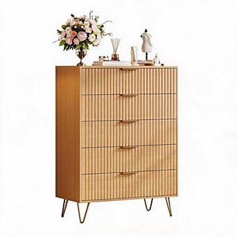 Fluted Dresser for Bedroom w/ 5 Drawers, 32" Wide Modern Wooden Chest