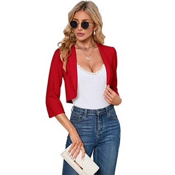 3/4 Sleeve Cropped Bolero Shrug, Open Front Cardigan Blazer For Women
