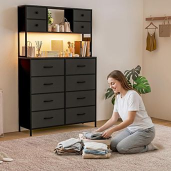 12-Drawer Dresser w/ Power Outlet & Open Shelves, LED Light Wood Top Metal
