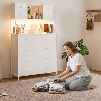 12-Drawer Dresser w/ Power Outlet & Open Shelves, LED Light Wood Top Metal