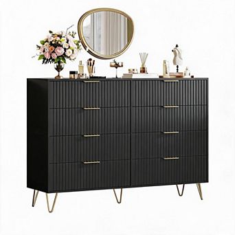 Fluted Dresser for Bedroom w/ 8 Drawers, 55" Wide Wooden Chest w/ Metal Handle
