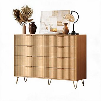 Fluted Dresser for Bedroom w/ 8 Drawers, 55" Wide Wooden Chest w/ Metal Handle