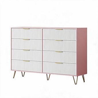 Fluted Dresser for Bedroom w/ 8 Drawers, 55" Wide Wooden Chest w/ Metal Handle