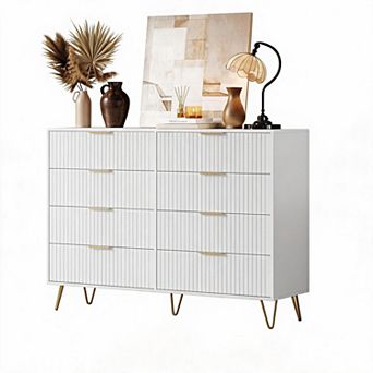 Fluted Dresser for Bedroom w/ 8 Drawers, 55" Wide Wooden Chest w/ Metal Handle