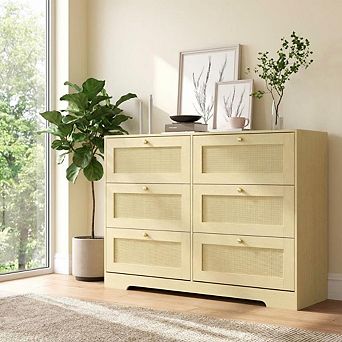 Rattan 8-Drawer Dresser, Modern Long Wooden Chest w/ Metal Handles & Legs