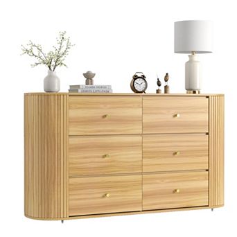 60" Fluted Wood Dresser, 6 Drawers w/ 2 Curved Sliding Doors, Mid Century
