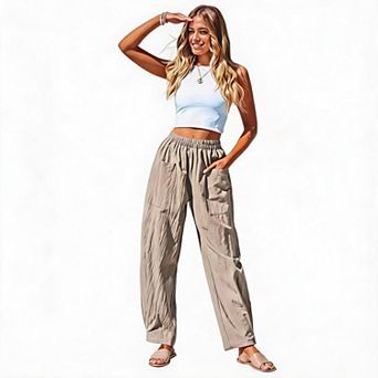 Women's Linen Cotton Pants High Waist Elasticated Wide Leg Casual Trousers with Pockets