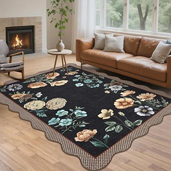Farmhouse Floral Area Rug Scalloped Washable Non Slip Low Pile Soft Foldable Rug