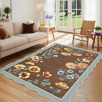 Farmhouse Floral Area Rug Scalloped Washable Non Slip Low Pile Soft Foldable Rug