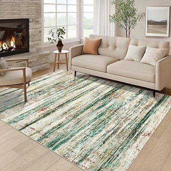 Modern Abstract Striped Area Rug Washable Non Slip Low Pile Soft Indoor Carpet