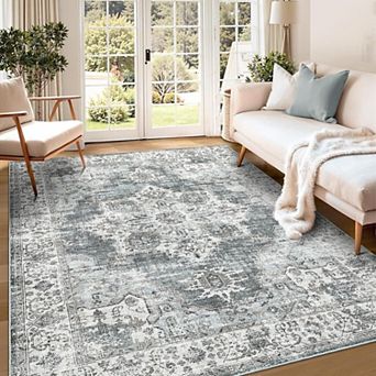 Vintage Floral Area Rug Machine Washable Non Slip Low Pile Indoor Carpet for Living Room Bedroom