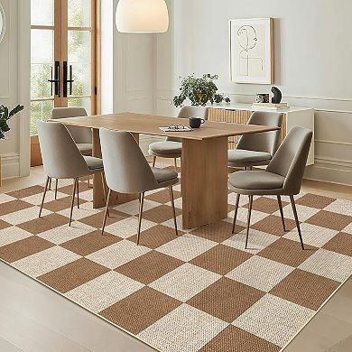 Washable Checkered Rug Non Slip Low Pile Polyester Indoor Outdoor Floor Carpet