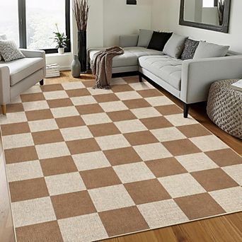 Washable Checkered Rug Non Slip Low Pile Polyester Indoor Outdoor Floor Carpet