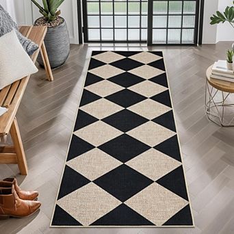 Washable Checkered Jute Rug Non Slip Low Pile Polyester Indoor Outdoor Floor Carpet