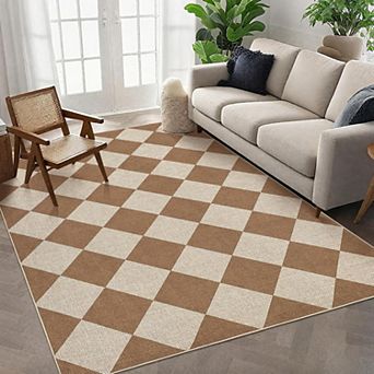 Washable Checkered Jute Rug Non Slip Low Pile Polyester Indoor Outdoor Floor Carpet