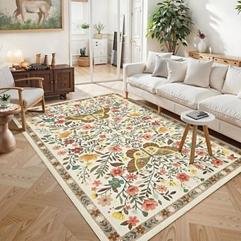Floral Butterfly Area Rug Washable Botanical Farmhouse Stain Resistant Floor Rug