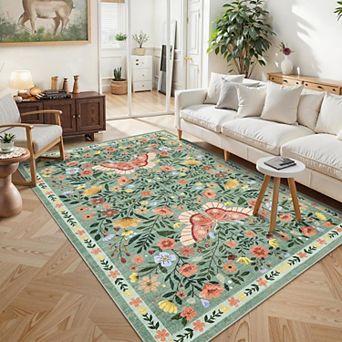 Floral Butterfly Area Rug Washable Botanical Farmhouse Stain Resistant Floor Rug