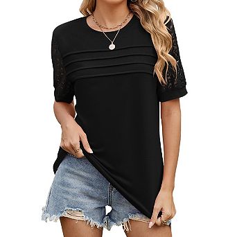 Blueming Women's Crew Neck Short Sleeve Patchwork Casual Tops