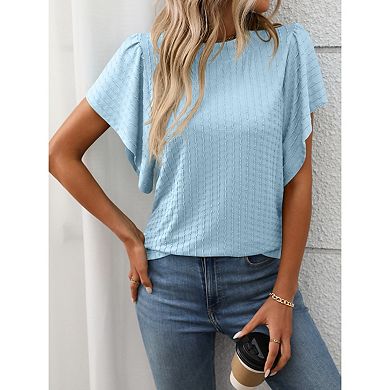 Blueming Women's Short Sleeve Round Neck Ruffle Cuff Casual Tops