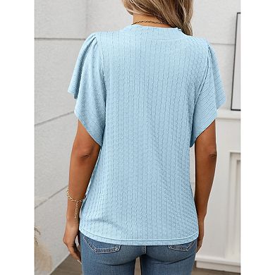 Blueming Women's Short Sleeve Round Neck Ruffle Cuff Casual Tops