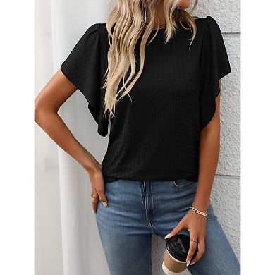 Blueming Women's Short Sleeve Round Neck Ruffle Cuff Casual Tops