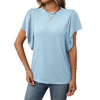 Blueming Women's Short Sleeve Round Neck Ruffle Cuff Casual Tops