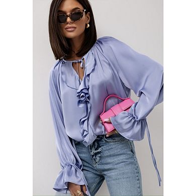 Blueming Women's Long Sleeve V Neck Ruffle Lace Up Casual Tops
