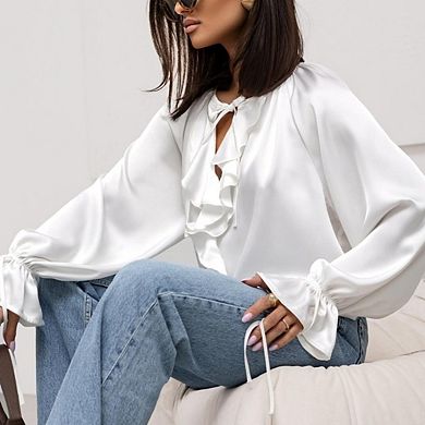 Blueming Women's Long Sleeve V Neck Ruffle Lace Up Casual Tops