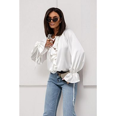 Blueming Women's Long Sleeve V Neck Ruffle Lace Up Casual Tops