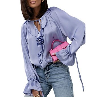 Blueming Women's Long Sleeve V Neck Ruffle Lace Up Casual Tops