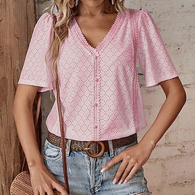 Blueming Women's Short Sleeve V Neck Button Front Casual Blouses