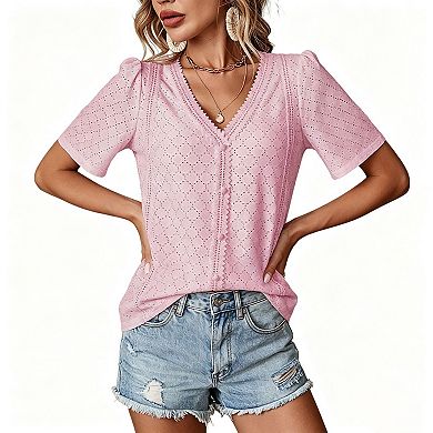 Blueming Women's Short Sleeve V Neck Button Front Casual Blouses