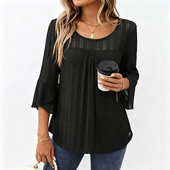 Blueming Women's Long Sleeve Round Neck Flare Cuff Casual Tops