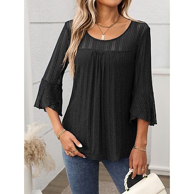 Blueming Women's Long Sleeve Round Neck Flare Cuff Casual Tops
