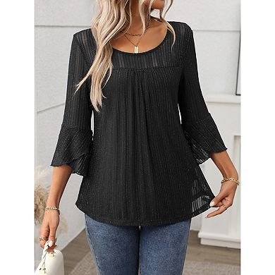 Blueming Women's Long Sleeve Round Neck Flare Cuff Casual Tops