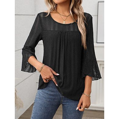 Blueming Women's Long Sleeve Round Neck Flare Cuff Casual Tops