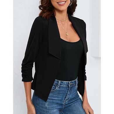 BLUEMING Women's 3/4 Sleeve Ruched Cuff Blazer Jacket Open Front Outerwear