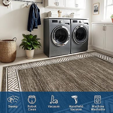 Modern Bordered Area Rug Washable Geometric Non Slip Low Pile Indoor Floor Rug