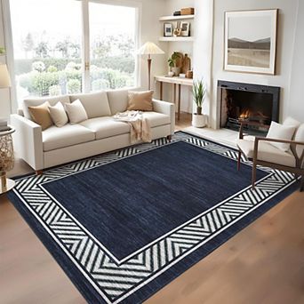 Modern Bordered Area Rug Washable Geometric Non Slip Low Pile Indoor Floor Rug