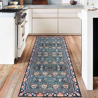 Washable Vintage Floral Area Rug Non Slip Low Pile Distressed Boho Indoor Carpet